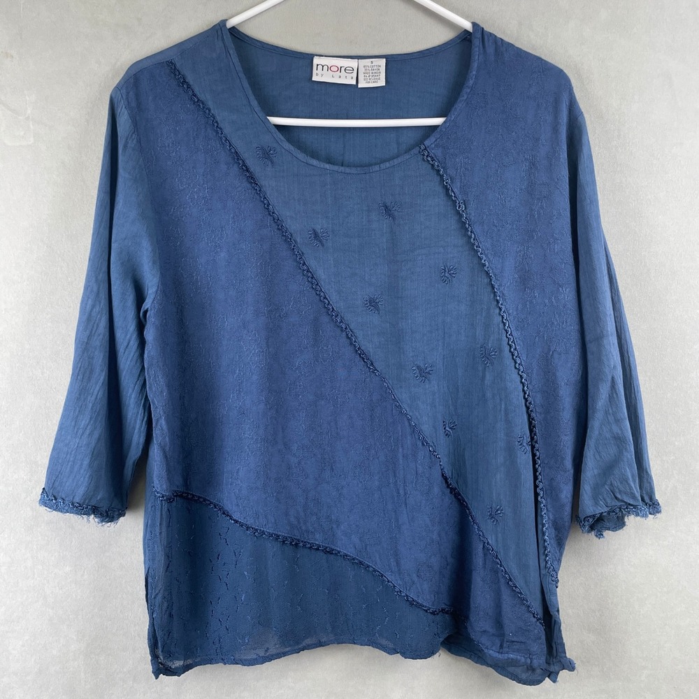 VTG More by Lata Blue Embroidered 3/4 Sleeve Boho Blouse Scoop Neck Back Tie S